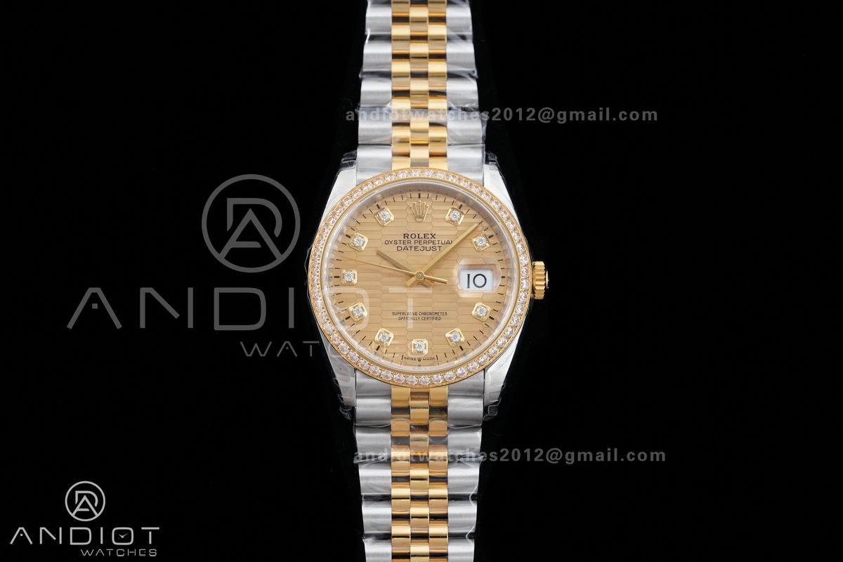 DateJust 36 SS/YG 126233 VSF 1:1 Best Edition 904L Steel YG Textured Diamonds Dial Diamonds Bezel on Jubilee Bracelet VS3235