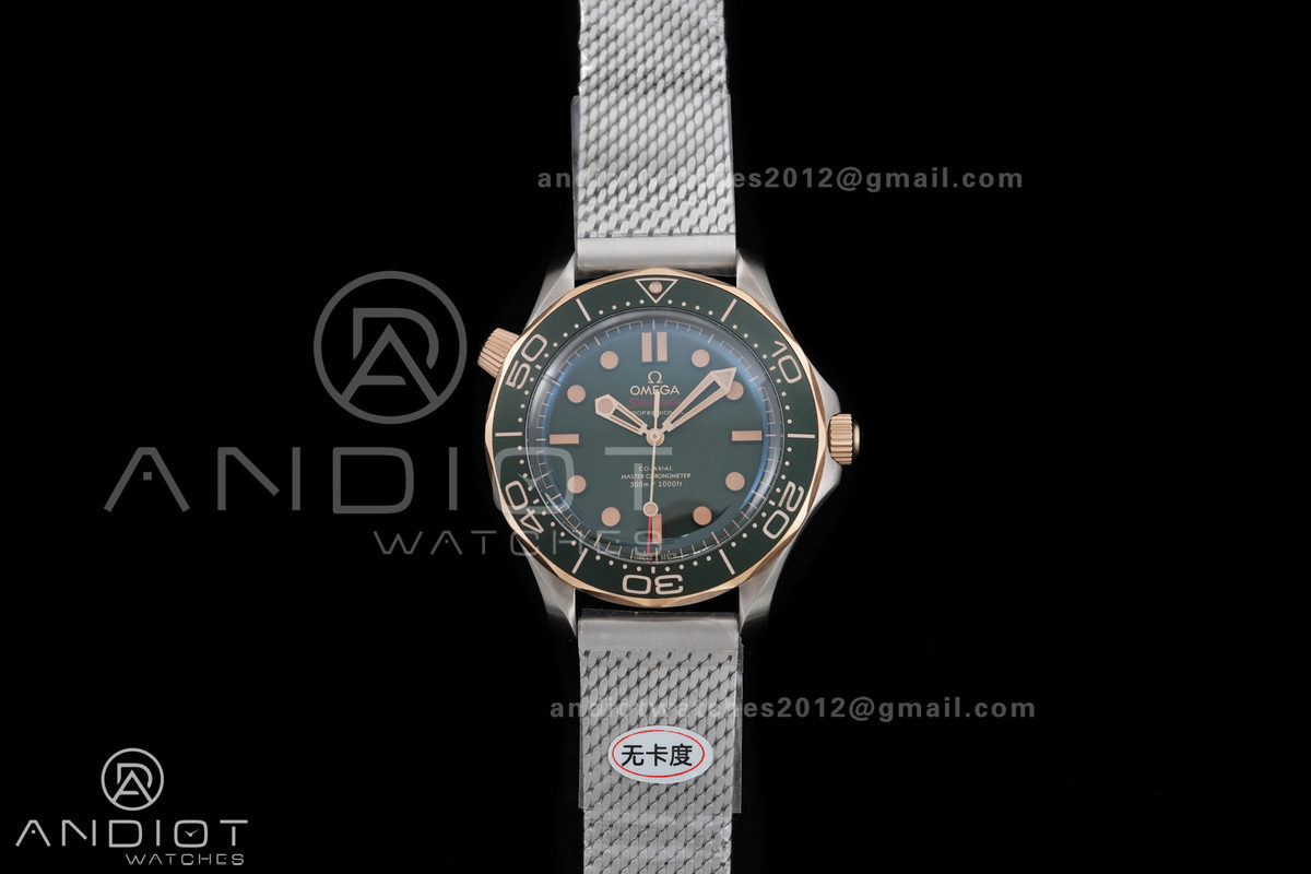 Seamaster 300M Diver Titanium/Bronze Gold ORF 1:1 Green Dial On Titanium Mesh Bracelet Asian Super Clone 8806(Free Rubber Strap)Free Sprung