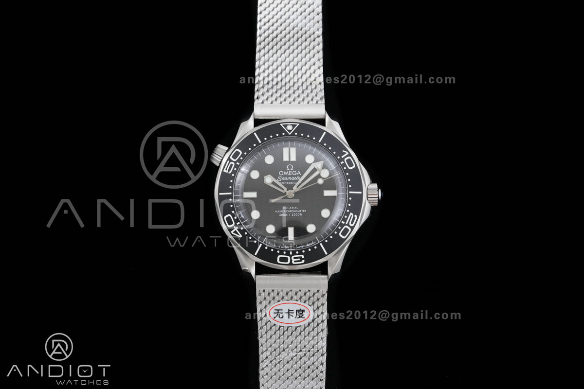 Seamaster 300M Diver 42mm SS ORF Best Edition Black Wave Texture Dial On Mesh Bracelet Super Clone 8806 (Free Rubber Strap) Free Sprung