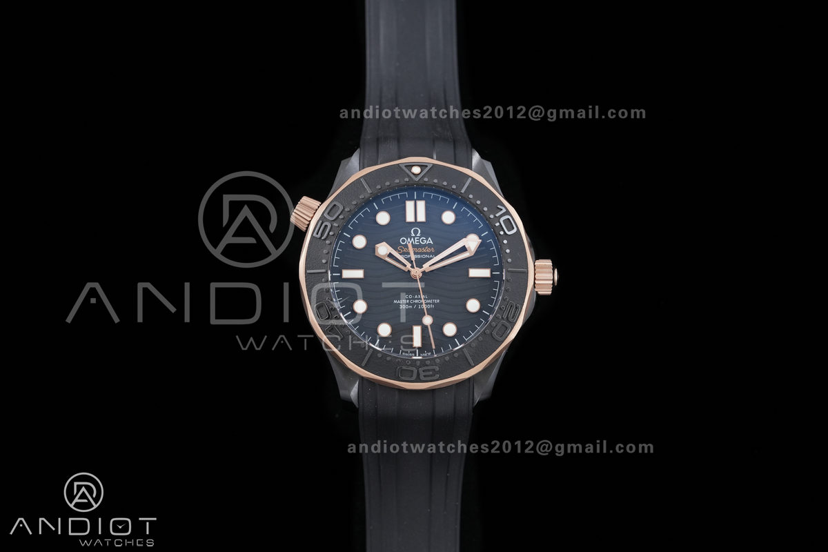 Seamaster Diver 300M Black Ceramic/RG ORF 1:1 Best Edition Black Dial On Black Rubber Strap Super Clone Asian 8806 Free Sprung
