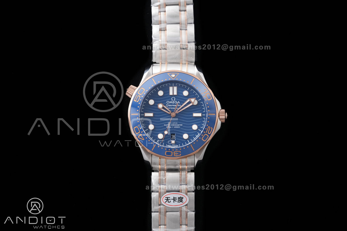 Seamaster Diver 300M Blue Ceramic Bezel Free Sprung ORF 1:1 Blue Dial On SS/RG Bracelet Asian Super Clone 8800