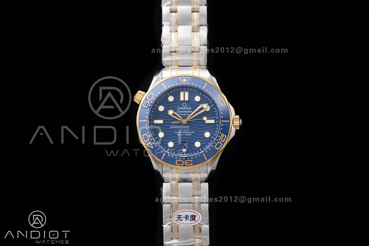 Seamaster Diver 300M Blue Ceramic Bezel Free Sprung ORF 1:1 Blue Dial On SS/YG Bracelet Asian Super Clone 8800